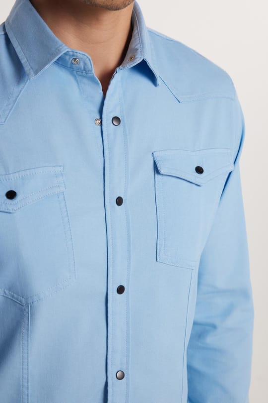 Slim Fit Uzun Kollu Gündelik Denim Kot Erkek Mavi Gömlek