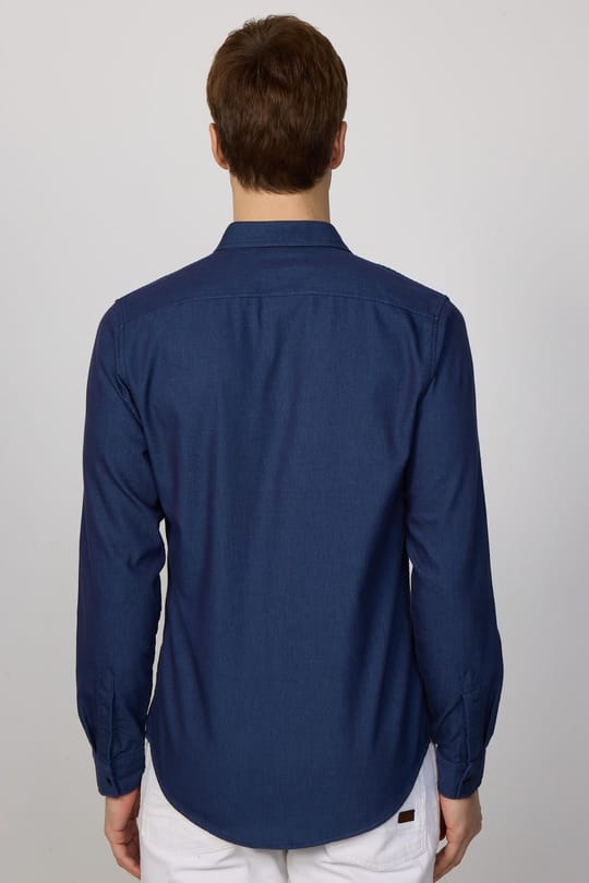 Slim Fit Uzun Kollu Gündelik Denim Kot Lacivert Erkek Gömlek
