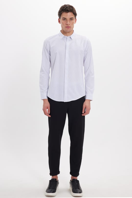 Slim Fit Uzun Kollu Pamuklu Kolay Ütü Çizgili Erkek Beyaz Gömlek