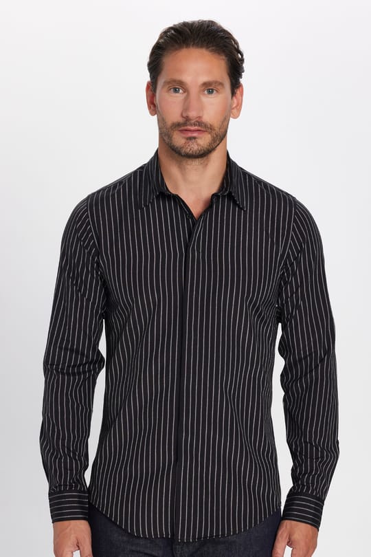 Slim Fit Uzun Kollu Pamuklu Kolay Ütü Çizgili Erkek Siyah Lacivert Gömlek