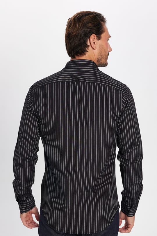 Slim Fit Uzun Kollu Pamuklu Kolay Ütü Çizgili Erkek Siyah Lacivert Gömlek