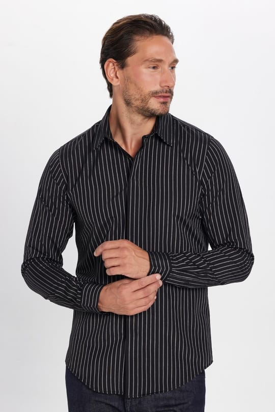 Slim Fit Uzun Kollu Pamuklu Kolay Ütü Çizgili Erkek Siyah Lacivert Gömlek