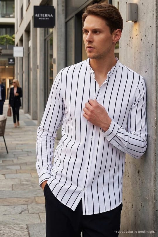 Slim Fit Uzun Kollu Hakim Yaka Pamuklu Kolay Ütülenebilir Çizgili Erkek Beyaz Gömlek