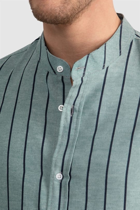 Slim Fit Uzun Kollu Hakim Yaka Pamuklu Kolay Ütü Çizgili Erkek Yeşil Gömlek