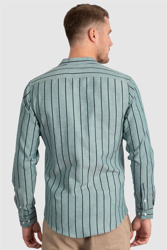 Slim Fit Uzun Kollu Hakim Yaka Pamuklu Kolay Ütü Çizgili Erkek Yeşil Gömlek