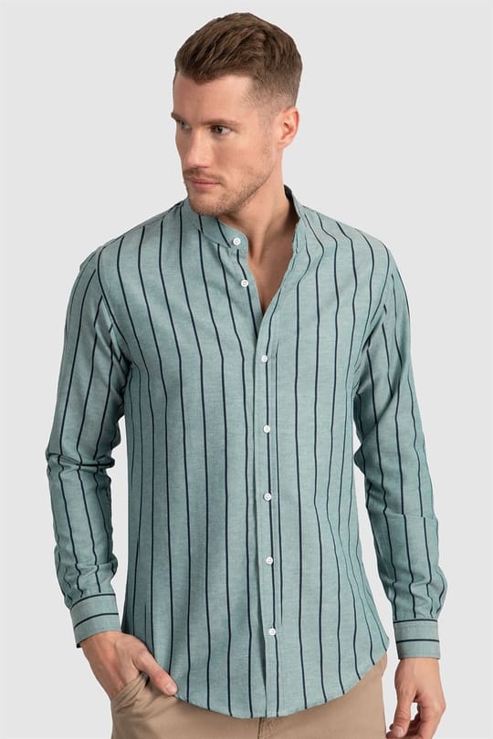 Slim Fit Uzun Kollu Hakim Yaka Pamuklu Kolay Ütü Çizgili Erkek Yeşil Gömlek