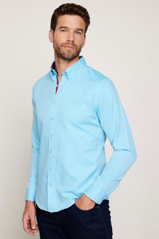 Erkek Slim Fit Dar Kesim Uzun Kollu Pamuklu Oxford Doku Kolay Ütülenebilir Mint Düğmeli Yaka Gömlek