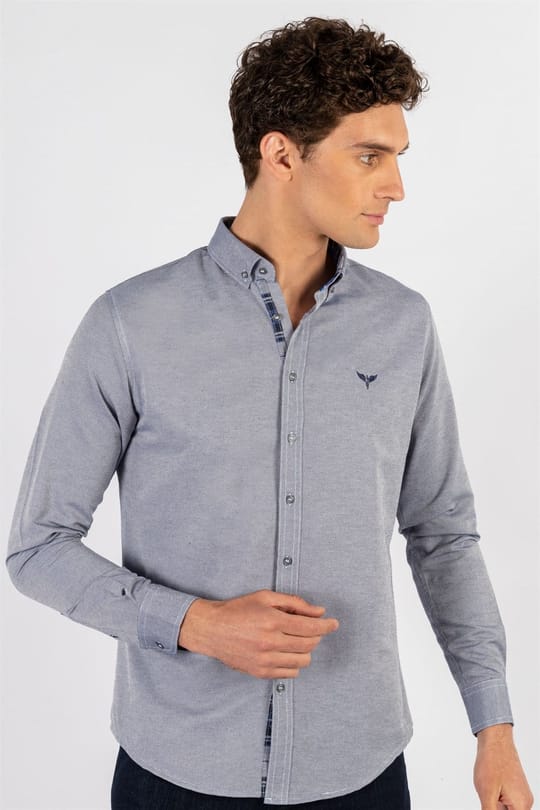Erkek Slim Fit Dar Kesim Uzun Kollu Pamuklu Oxford Doku Kolay Ütülenebilir Gri Düğmeli Yaka Gömlek