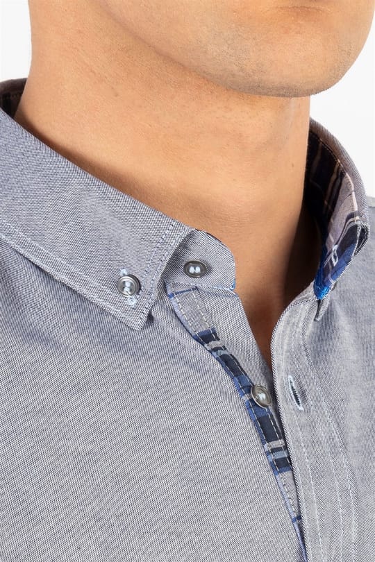 Erkek Slim Fit Dar Kesim Uzun Kollu Pamuklu Oxford Doku Kolay Ütülenebilir Gri Düğmeli Yaka Gömlek
