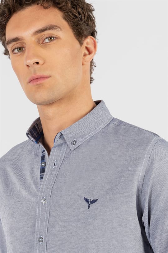 Erkek Slim Fit Dar Kesim Uzun Kollu Pamuklu Oxford Doku Kolay Ütülenebilir Gri Düğmeli Yaka Gömlek