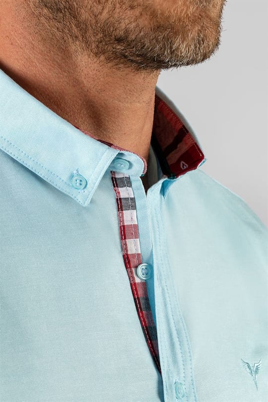 Erkek Slim Fit Dar Kesim Uzun Kollu Pamuklu Oxford Doku Turkuaz Düğmeli Yaka Gömlek