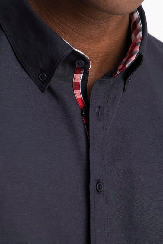 Erkek Slim Fit Dar Kesim Uzun Kollu Pamuklu Oxford Doku Lacivert Düğmeli Yaka Gömlek