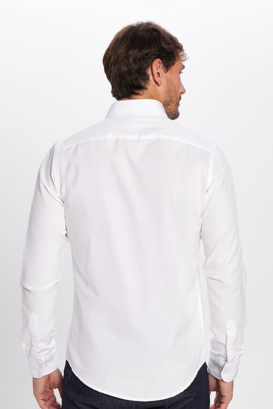 Erkek Slim Fit Dar Kesim Uzun Kollu Pamuklu Oxford Doku Kolay Ütülenebilir Beyaz Düğmeli Yaka Gömlek