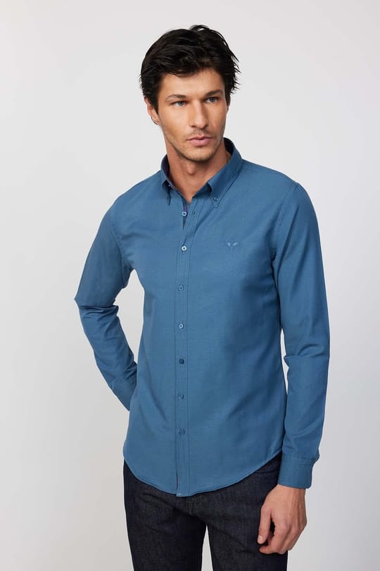 Slim Fit Düğmeli Yaka Pamuklu Kolay Ütü Düz Erkek Gömlek