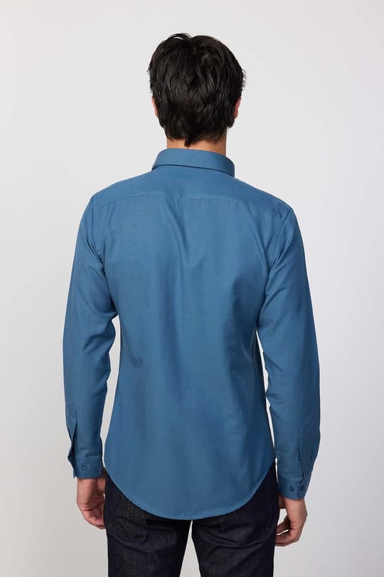 Erkek Slim Fit Dar Kesim Uzun Kollu Pamuklu Oxford Doku Petrol Renk Düğmeli Yaka Gömlek