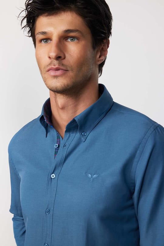 Erkek Slim Fit Dar Kesim Uzun Kollu Pamuklu Oxford Doku Petrol Renk Düğmeli Yaka Gömlek
