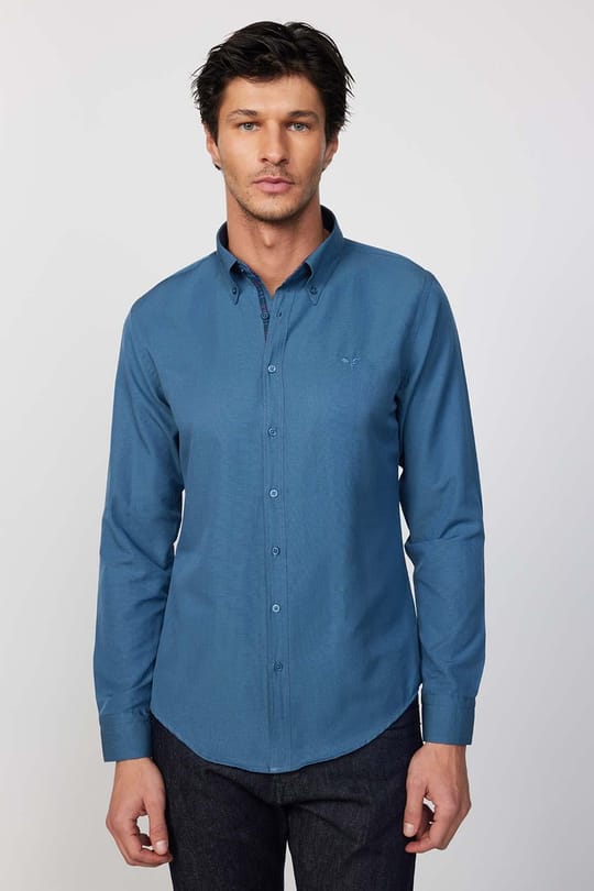 Erkek Slim Fit Dar Kesim Uzun Kollu Pamuklu Oxford Doku Petrol Renk Düğmeli Yaka Gömlek