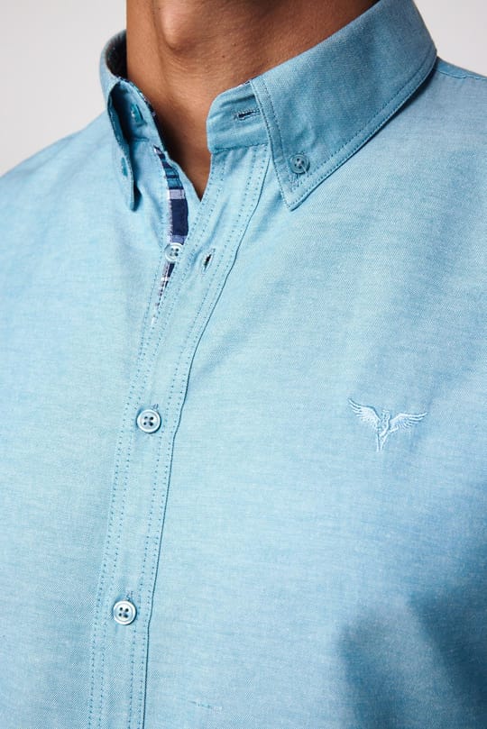 Erkek Slim Fit Dar Kesim Uzun Kollu Pamuklu Oxford Doku Petrol Renk Düğmeli Yaka Gömlek