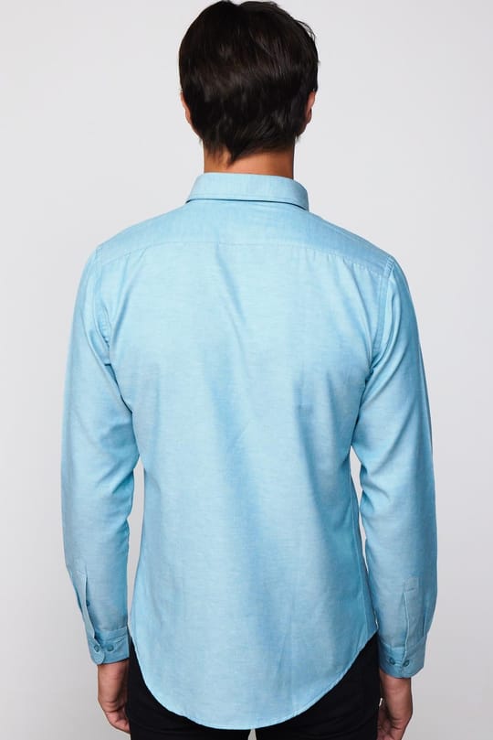 Erkek Slim Fit Dar Kesim Uzun Kollu Pamuklu Oxford Doku Petrol Renk Düğmeli Yaka Gömlek