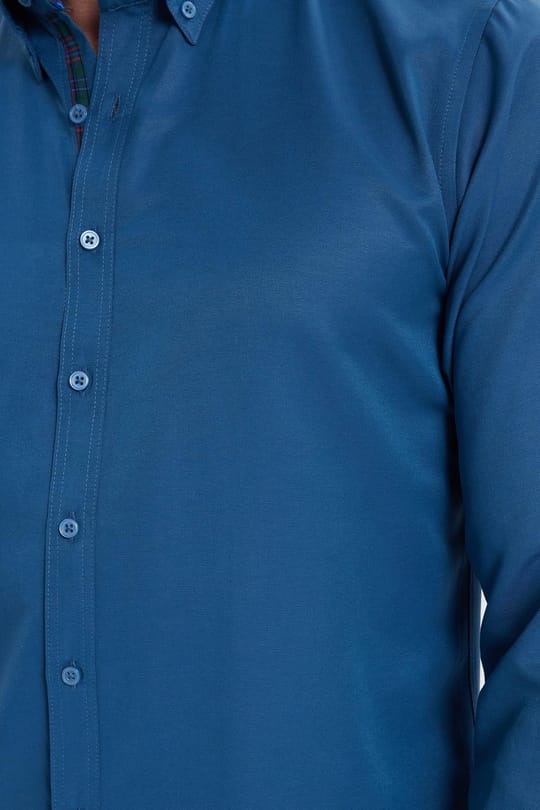 Erkek Slim Fit Dar Kesim Uzun Kollu Pamuklu Oxford Doku Kolay Ütülenebilir Petrol Düğmeli Yaka Gömlek