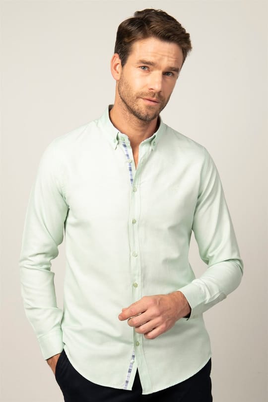 Erkek Slim Fit Dar Kesim Uzun Kollu Pamuklu Oxford Doku Kolay Ütülenebilir Mint Düğmeli Yaka Gömlek