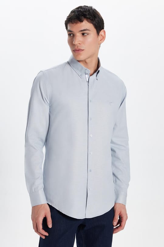 Erkek Slim Fit Dar Kesim Uzun Kollu Pamuklu Oxford Doku Kolay Ütülenebilir Gri Düğmeli Yaka Gömlek