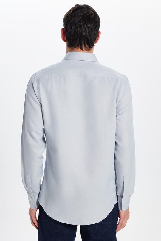 Erkek Slim Fit Dar Kesim Uzun Kollu Pamuklu Oxford Doku Kolay Ütülenebilir Gri Düğmeli Yaka Gömlek