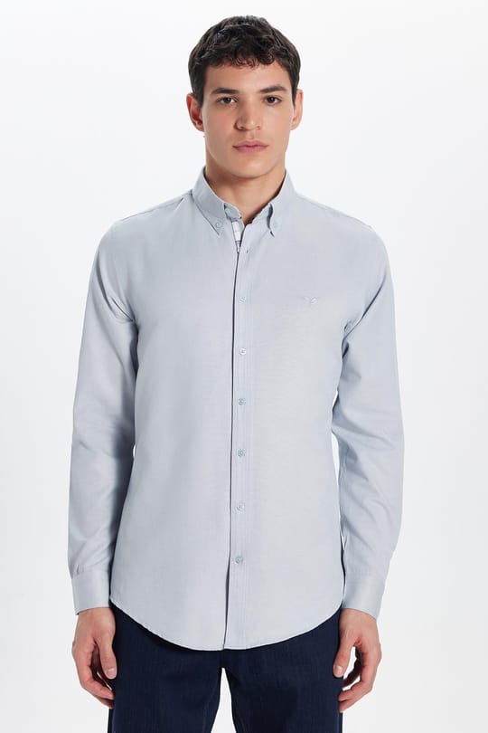 Erkek Slim Fit Dar Kesim Uzun Kollu Pamuklu Oxford Doku Kolay Ütülenebilir Gri Düğmeli Yaka Gömlek