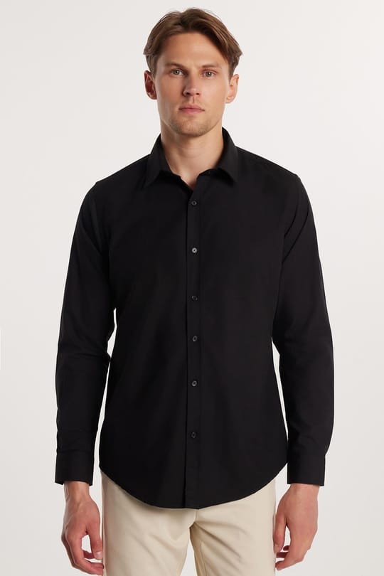 Erkek Slim Fit Dar Kesim Pamuklu Terry Cotton Kumaş Kolay Ütü Siyah Gömlek