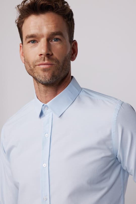 Erkek Slim Fit Dar Kesim Pamuklu Terry Cotton Kumaş Kolay Ütü Mavi Gömlek