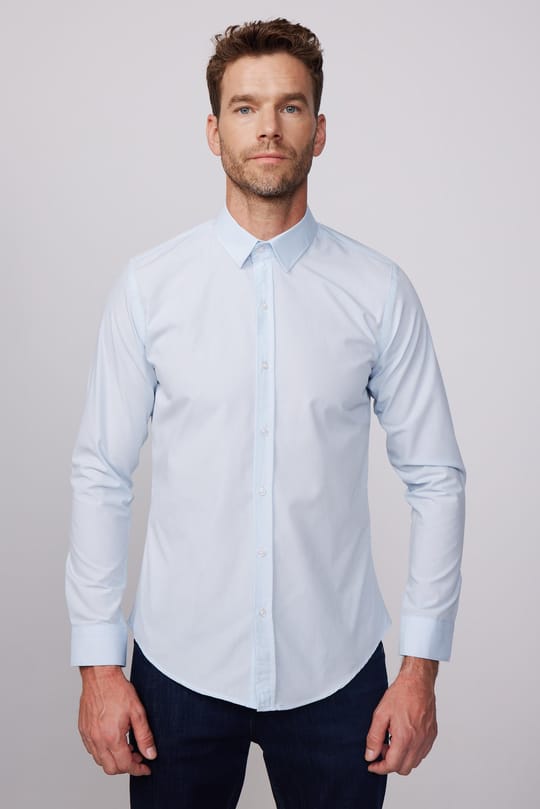 Erkek Slim Fit Dar Kesim Pamuklu Terry Cotton Kumaş Kolay Ütü Mavi Gömlek