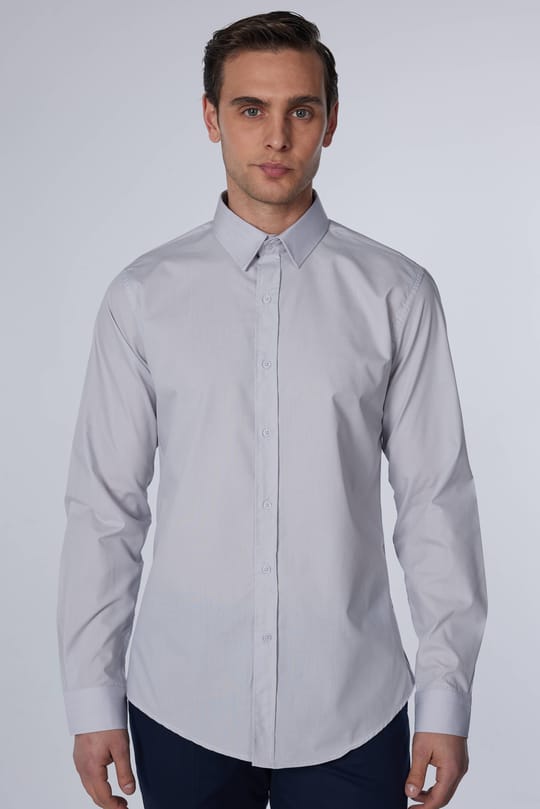 Erkek Slim Fit Dar Kesim Pamuklu Terry Cotton Kumaş Kolay Ütü Gri Gömlek