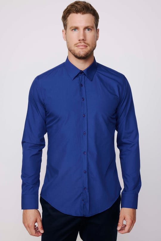 Erkek Slim Fit Dar Kesim Pamuklu Terry Cotton Kumaş Kolay Ütü Lacivert Gömlek