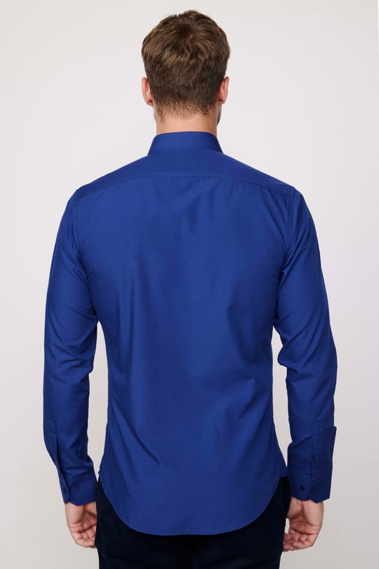 Erkek Slim Fit Dar Kesim Pamuklu Terry Cotton Kumaş Kolay Ütü Lacivert Gömlek