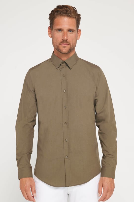 Erkek Slim Fit Dar Kesim Pamuklu Terry Cotton Kumaş Kolay Ütü Haki Gömlek