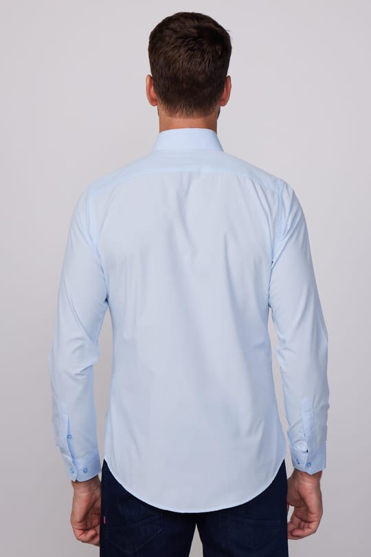 Erkek Slim Fit Dar Kesim Pamuklu Terry Cotton Kumaş Kolay Ütü Mavi Gömlek