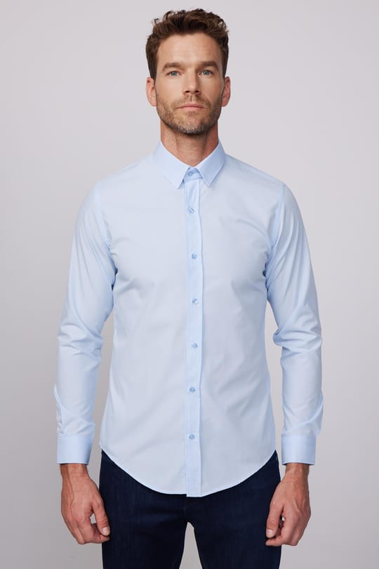 Erkek Slim Fit Dar Kesim Pamuklu Terry Cotton Kumaş Kolay Ütü Mavi Gömlek