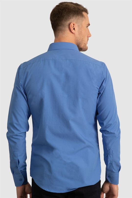Erkek Slim Fit Dar Kesim Pamuklu Terry Cotton Kumaş Kolay Ütü Mavi Gömlek