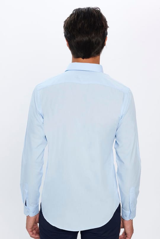 Erkek Slim Fit Dar Kesim Pamuklu Terry Cotton Kumaş Kolay Ütü Mavi Gömlek
