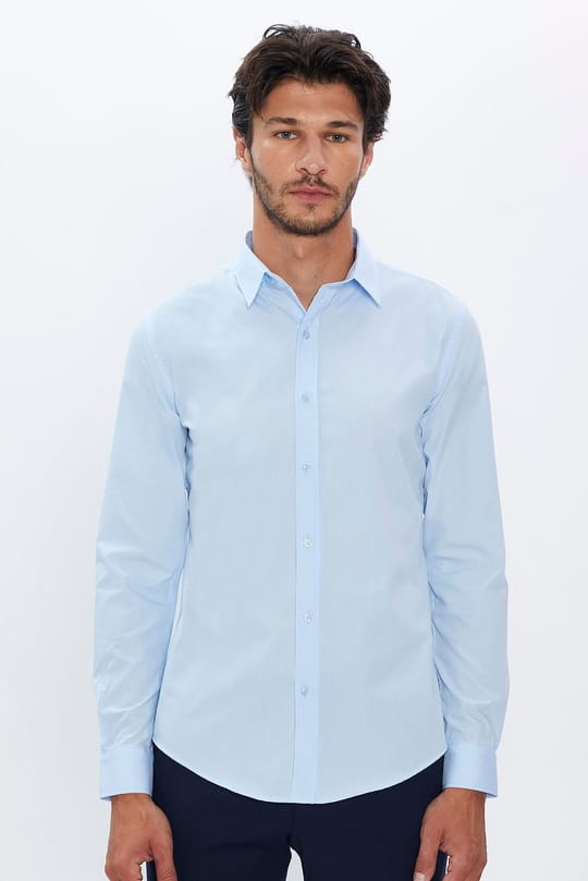 Erkek Slim Fit Dar Kesim Pamuklu Terry Cotton Kumaş Kolay Ütü Mavi Gömlek