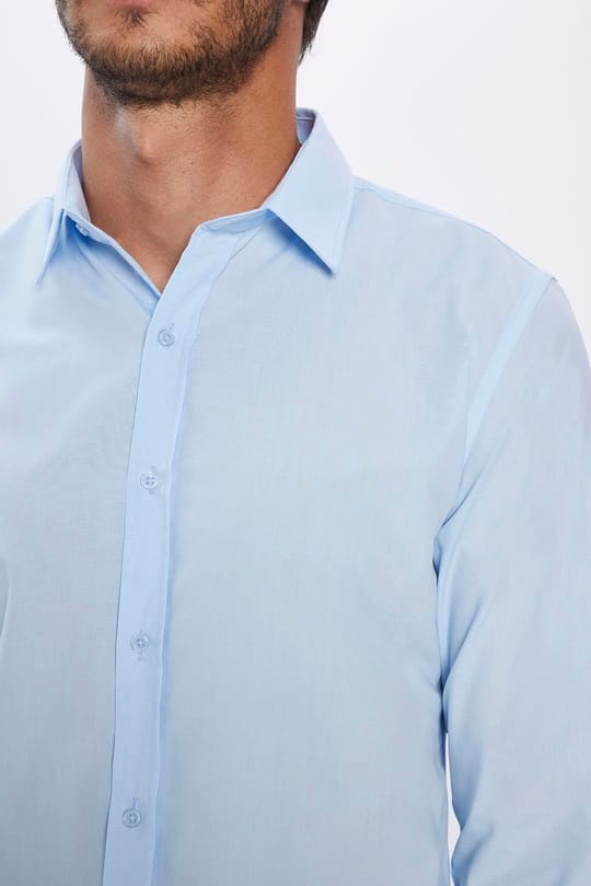 Erkek Slim Fit Dar Kesim Pamuklu Terry Cotton Kumaş Kolay Ütü Mavi Gömlek