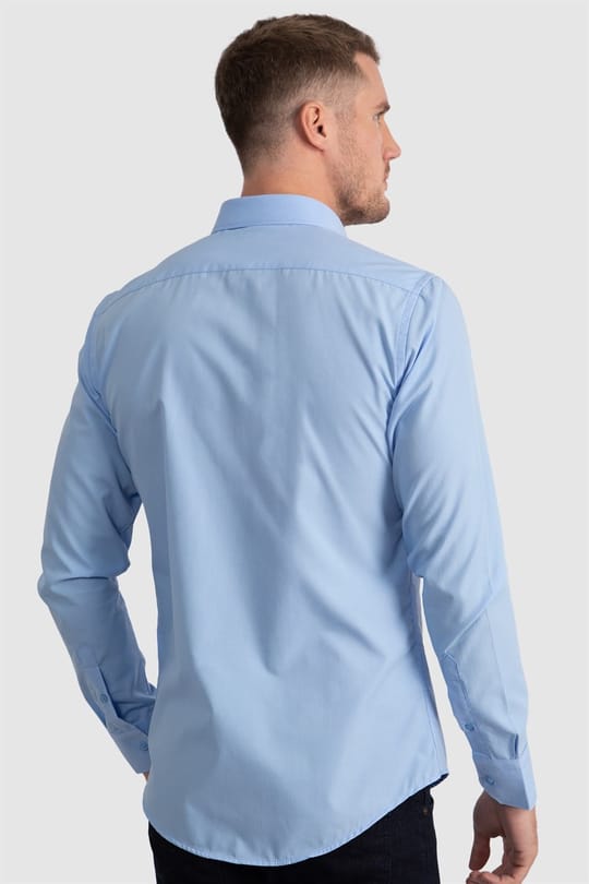 Erkek Slim Fit Dar Kesim Pamuklu Terry Cotton Kumaş Kolay Ütü Mavi Gömlek