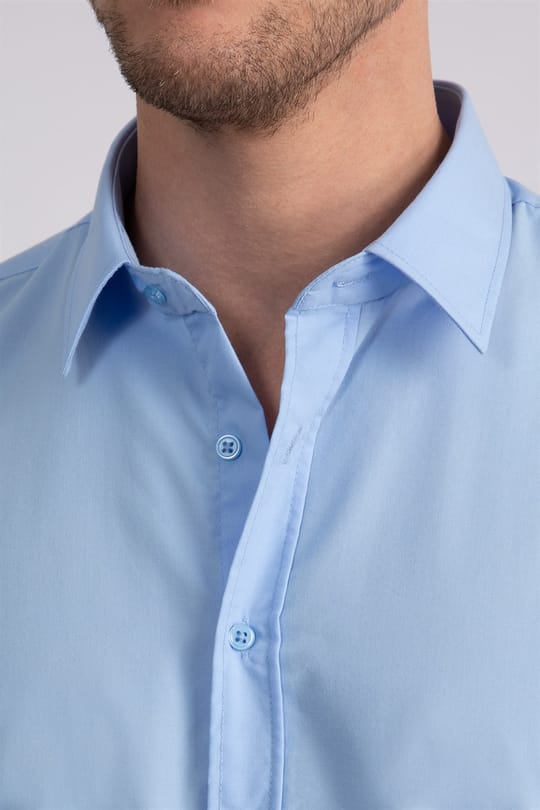 Erkek Slim Fit Dar Kesim Pamuklu Terry Cotton Kumaş Kolay Ütü Mavi Gömlek