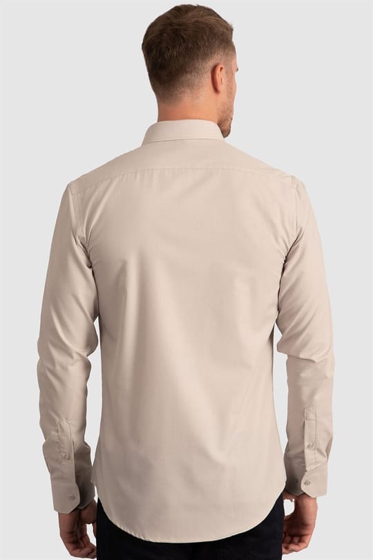 Erkek Slim Fit Dar Kesim Pamuklu Terry Cotton Kumaş Kolay Ütü Taş Renk Gömlek