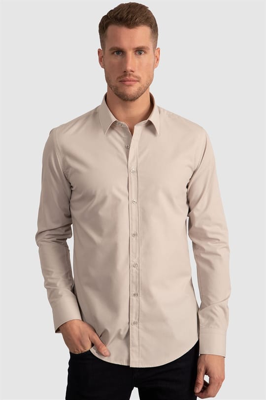 Erkek Slim Fit Dar Kesim Pamuklu Terry Cotton Kumaş Kolay Ütü Taş Renk Gömlek