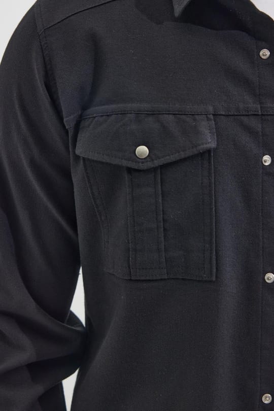 Slim Fit Uzun Kollu Spor Yaka Yıkamalı Çift Cepli Armürlü Denim Kot Siyah Erkek Gömlek