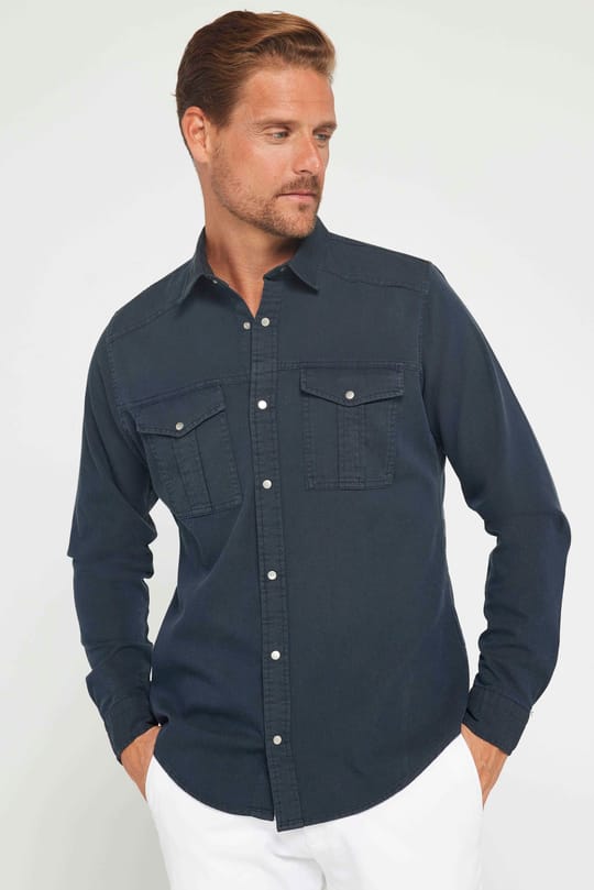 Erkek Slim Fit Uzun Kollu Spor Yaka Yıkamalı Çift Cepli Armürlü Denim Antrasit Gömlek