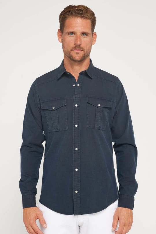 Erkek Slim Fit Uzun Kollu Spor Yaka Yıkamalı Çift Cepli Armürlü Denim Kot Antrasit Gömlek