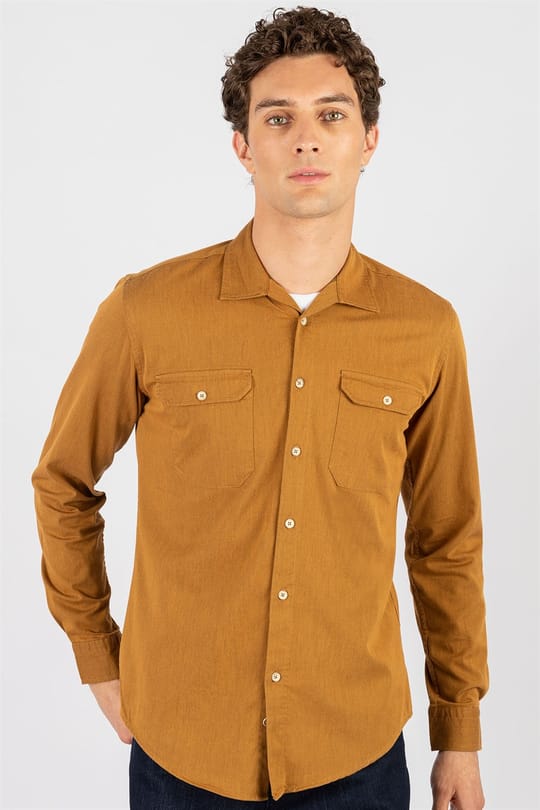 Slim Fit Uzun Kollu Dar Kesim Çift Cep Denim Kot Gabardin Erkek Kahve Gömlek