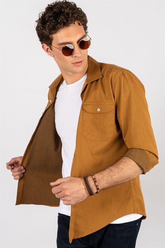 Slim Fit Uzun Kollu Dar Kesim Çift Cep Denim Kot Gabardin Erkek Kahve Gömlek